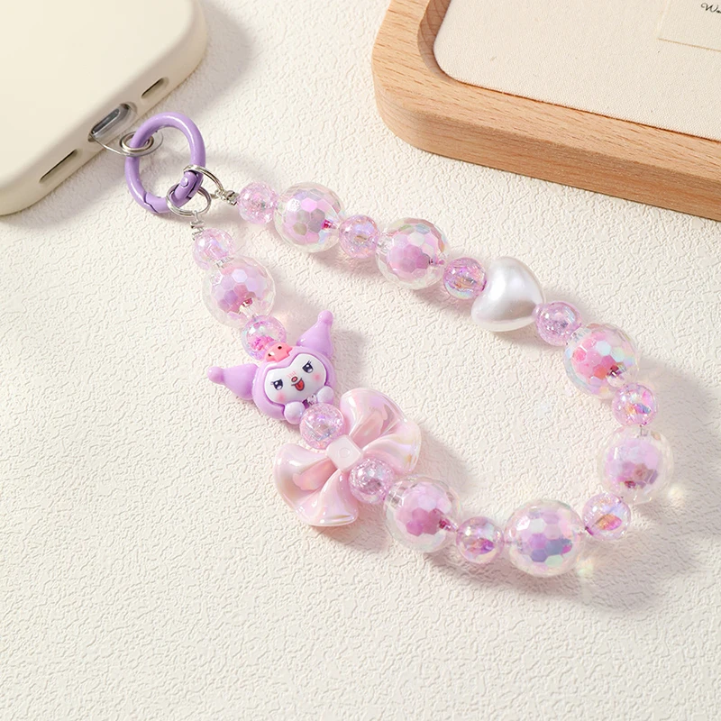 Sanrio Anime Beaded Cell Phone Lanyard Kuromi Melody Anti-lost Wriststrap Lanyard Keychain Bag Pendant For IPhone Xiaomi Samsung