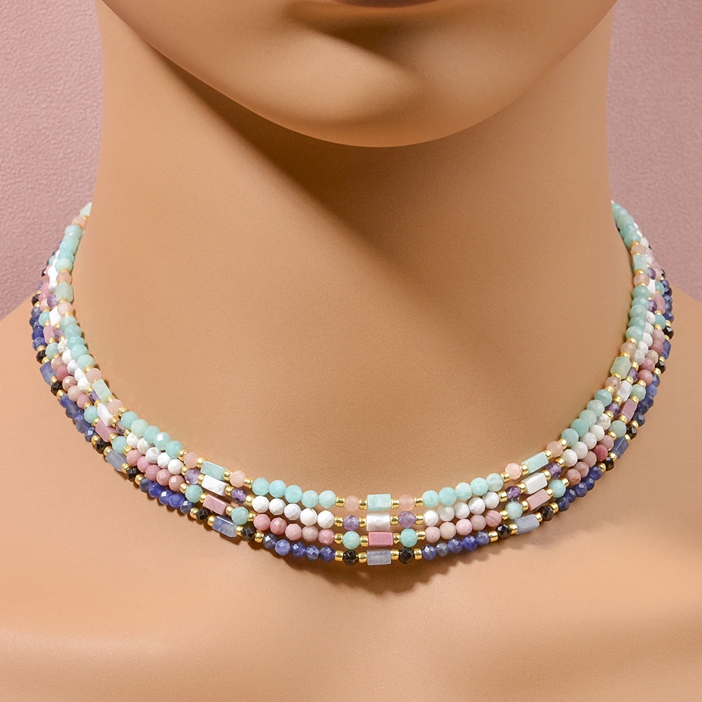 Boho Natural Stone Brazil Amazonite,Sunstone Faceted Beads and Brazil Amazonite Cuboid Beads Necklace for Women Casual Jewelry