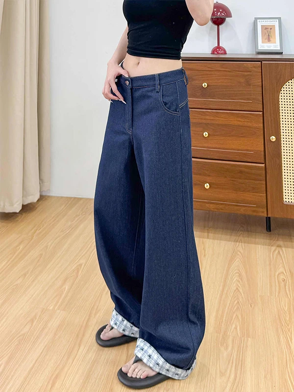 Deep Blue High Waist Loose Fit Women's Jeans Cuffed Design Casual Slimming Wide Leg Pants Autumn New Style plus Size