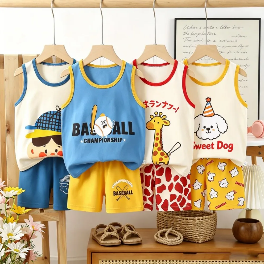 Cute Cartoon Shark Giraffe Dog Print Toddler Sleeveless Tank Shorts Set 100% Cotton Kids Summer Home Clothes Boys Girls Clothing