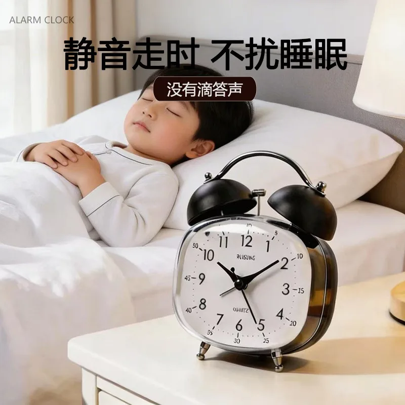 Alarm Clock Metal Frame Twin Bell Silent Non-Ticking Quartz Children Table Clock Home Decor Pointer Clock Back Light Decoration