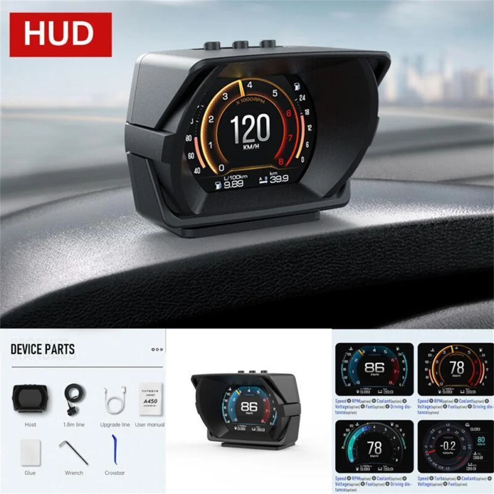 A450 Car Hud Heads-Up Display Racing Grade Multifunctional OBD2 LCD Instrument Panel GPS Slope Meter Alarm System