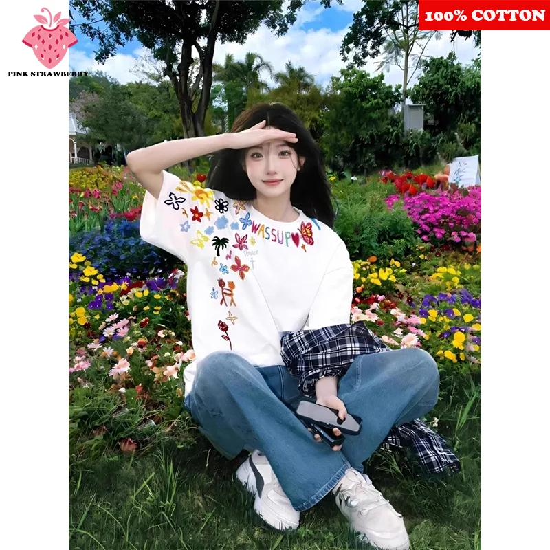 American Cartoon Graffiti Print T-shirt Women Summer 2025 New 100%Cotton Short sleeve Tee Casual Y2k Tops Street kawaii clothing