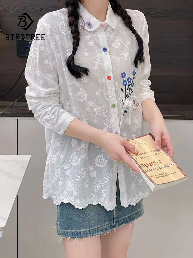 

New 2025 Winter Cotton Long Sleeve Shirt, Women Turn-down Collar Embroidery Bow, Mori Girl French Casual Loose Blouse T5D421CC