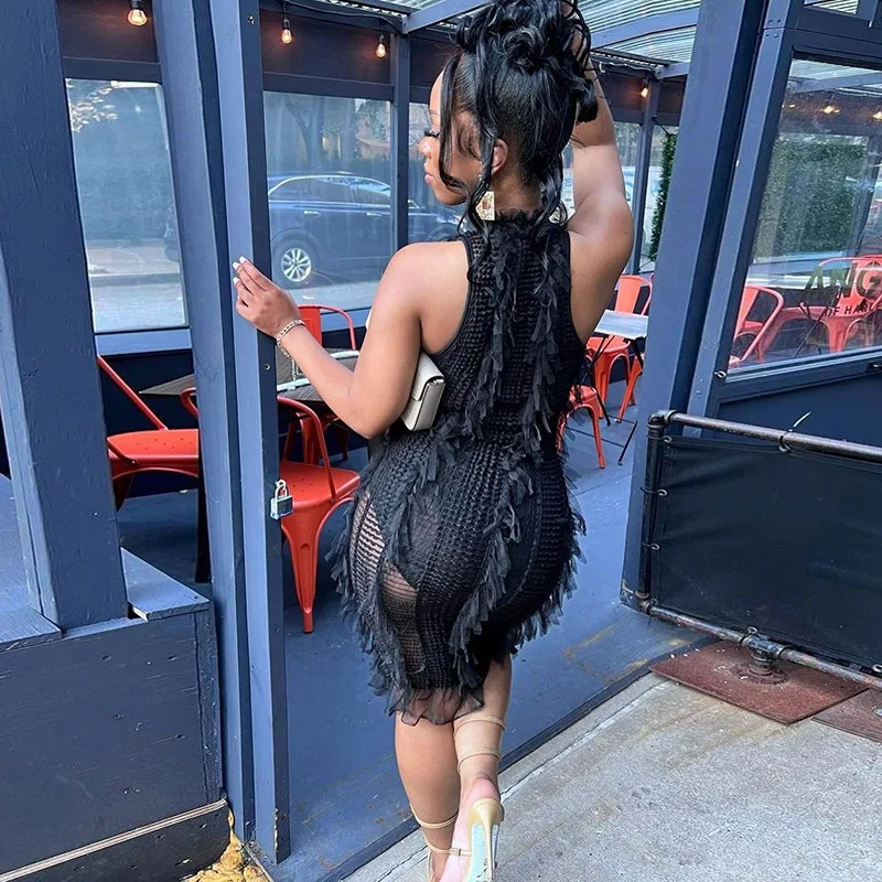 DSMTRC Personality Fashion Sexy Club Women Sleeveless See-through Mini Dress Black Patchwork O-neck Pullover Skinny Vestidos New