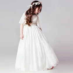 Long White Dresses for Kids Girls Princess Elegant Wedding Guest Children Bridesmaid Lace Dress Party Evening Gown 3 6 14 Years