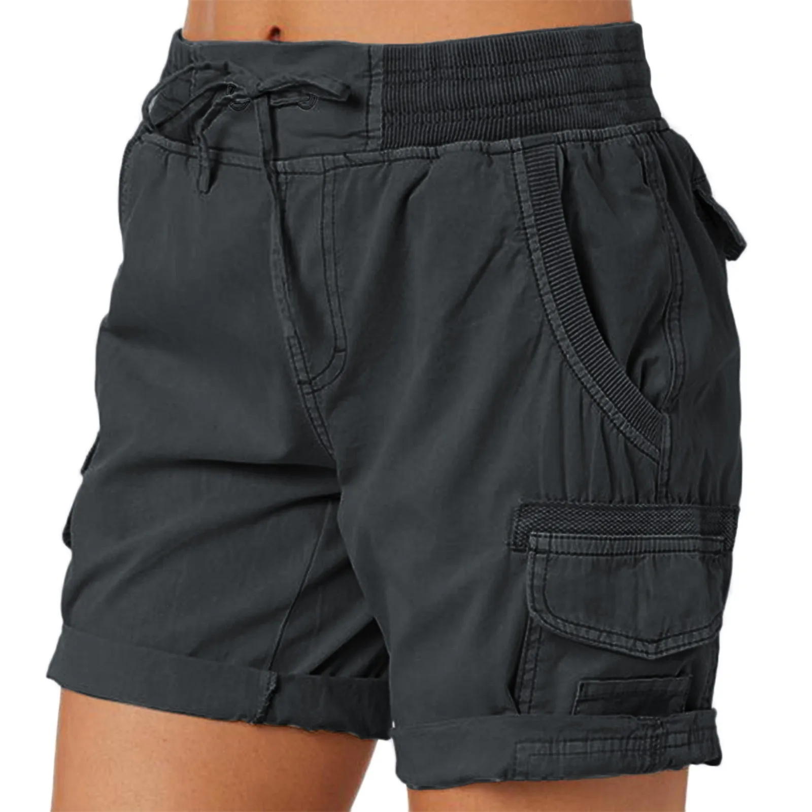 Ladies Cargo Shorts Summer Loose Hiking Shorts With Pocket Solid Color Thin Style Drawstring Elastic Waist Casual Fashion Shorts