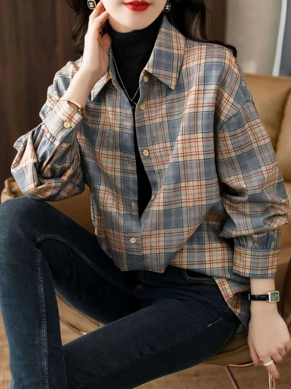 بلوزة نسائية منقوشة irt كاجوال طويلة بطبقات Sve لربيع وخريف وشتاء 2023 جديدة Sle مقاس صغير مزيج قطني مريح #3