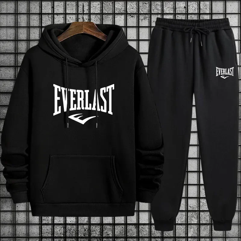 

2026 New Everlast Men's Sportswear Hooded Sweatshirt and Black Sweatpants Autumn/Winter Urban Leisure Fashion Warm Sports Set