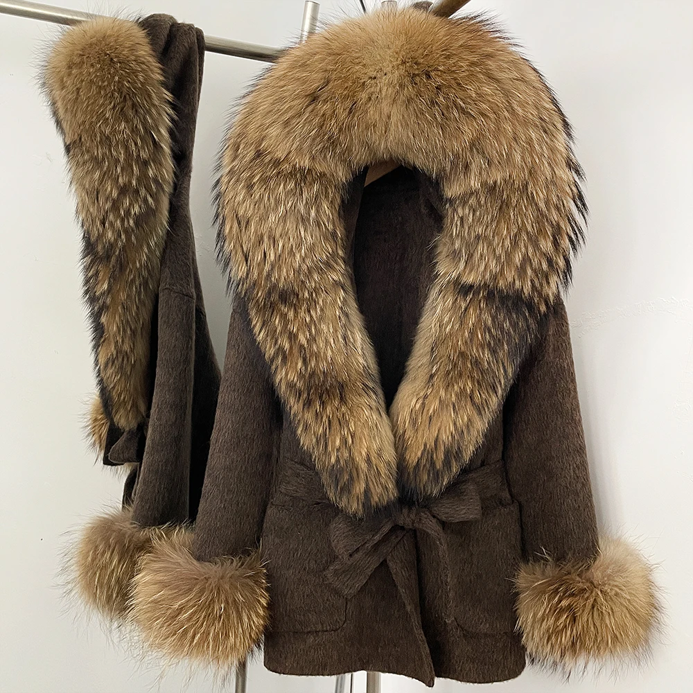 Women's Woolen Coat Loose Overcoat Belted Natural Fur Coat Women Oversized Old Money Commuting Daily Winter Cold Street Outfit
