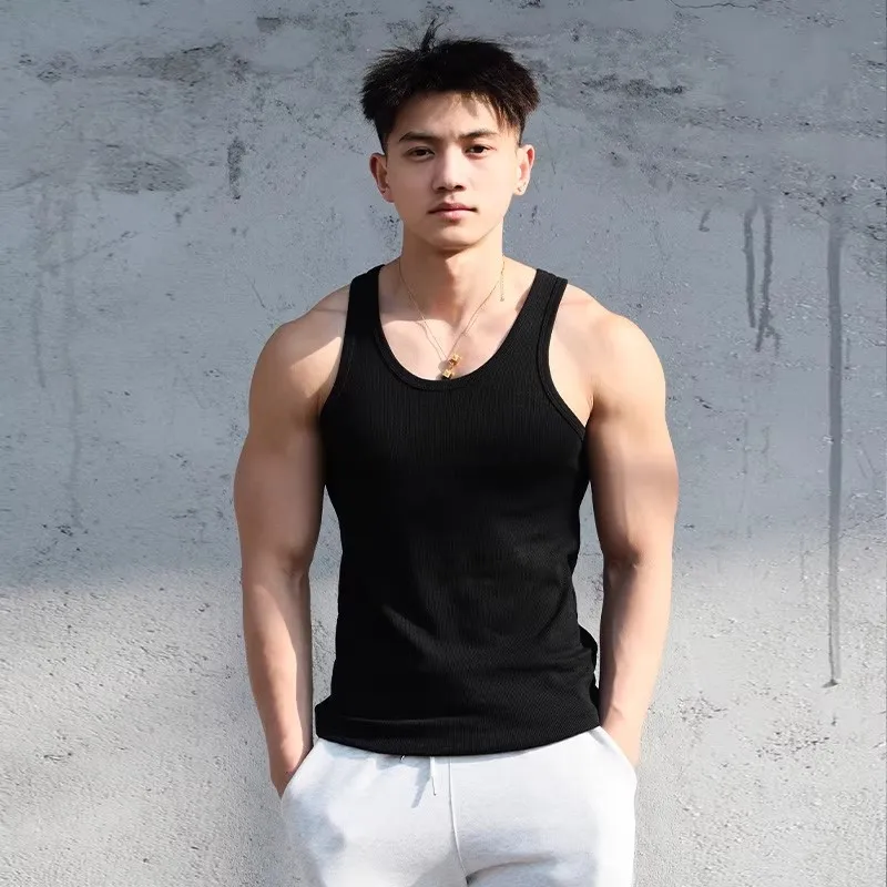 American Style Threaded Vest Men's Autumn Winter Elastic Slim Fit Base Layer Fitness Training Sleeveless T-Shirt Top