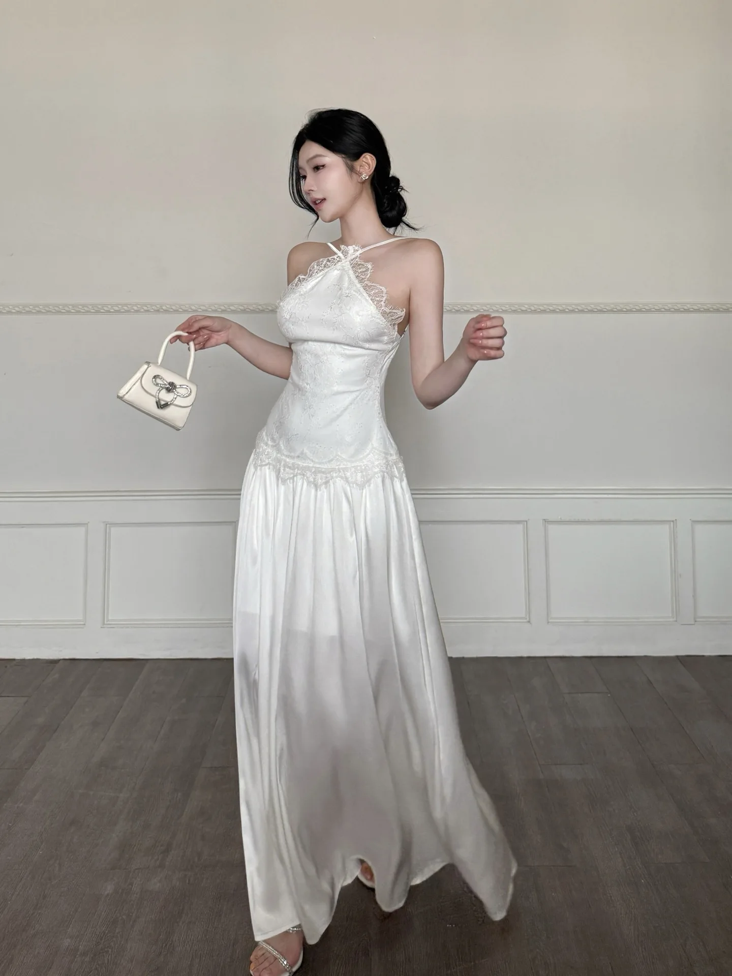 Ladies' Satin Backless White Midi Dress French Lace Spliced Appliqué Minimalist Slim-fitting Elegant Cocktail  Evening Gown Robe