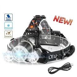 3 lamp heads T6 LED DC rechargeable headlights portable waterproof 3 modes of lighting camping 18650 battery