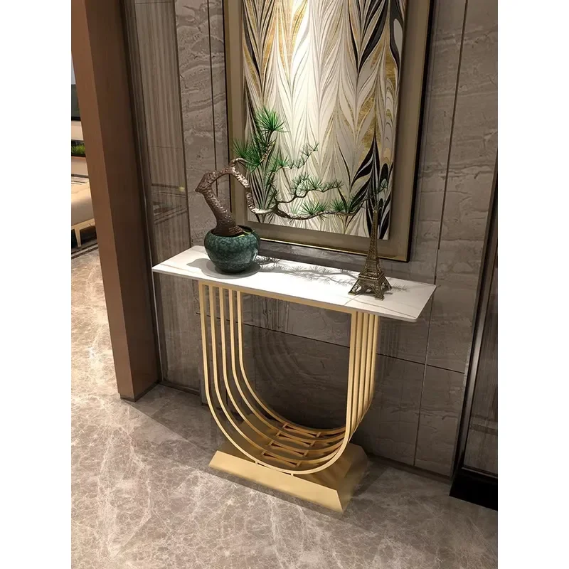Nordic Style Metal Marble Countertop Entrance Table with Storage Space for Entryway Living Room Lobby Clubhouse and Hallway