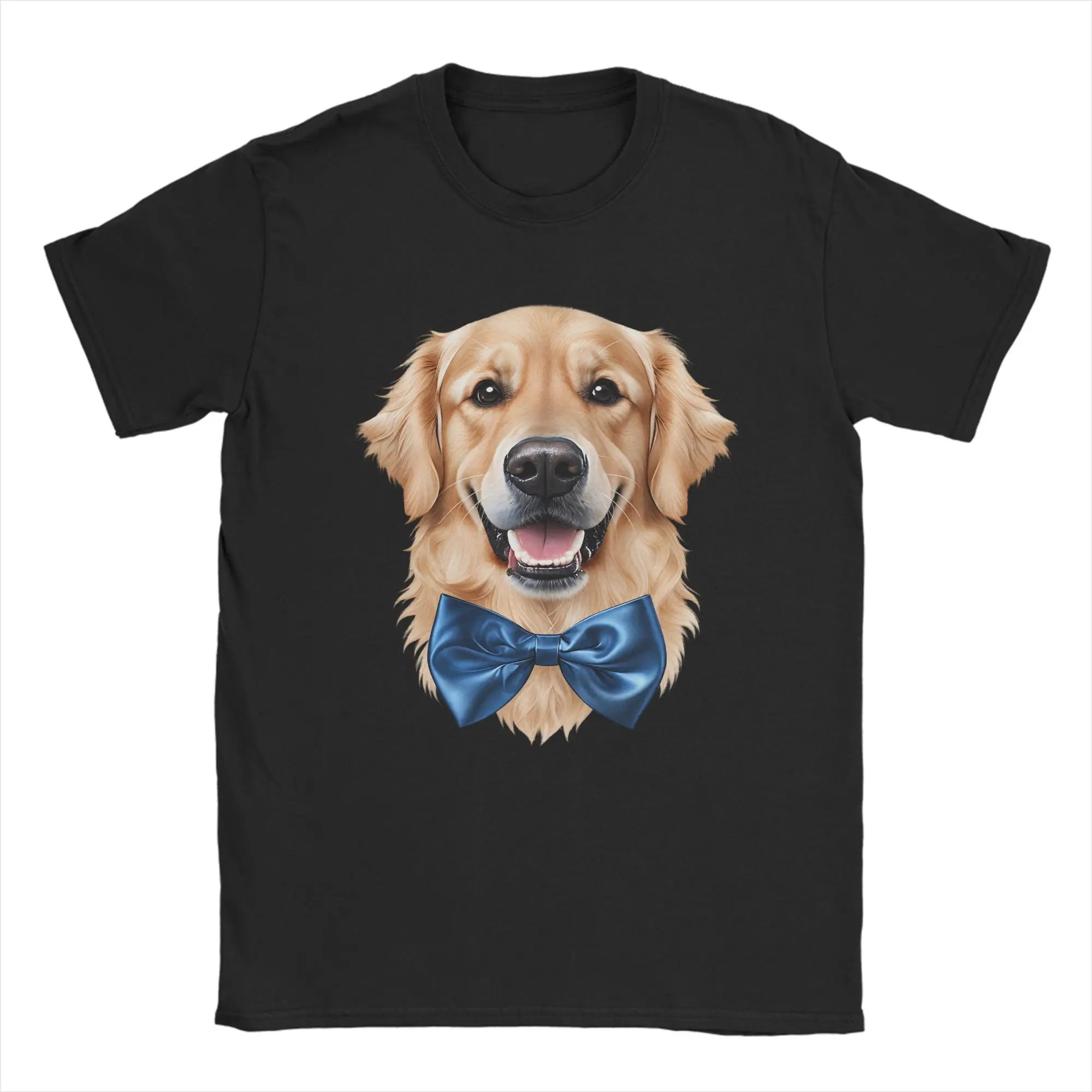 Golden Retriever With Blue Satin Bow‑tie Portrait Cotton T-Shirt For Men Summer Vintage T Shirts Tee Shirt Oversized Clothing