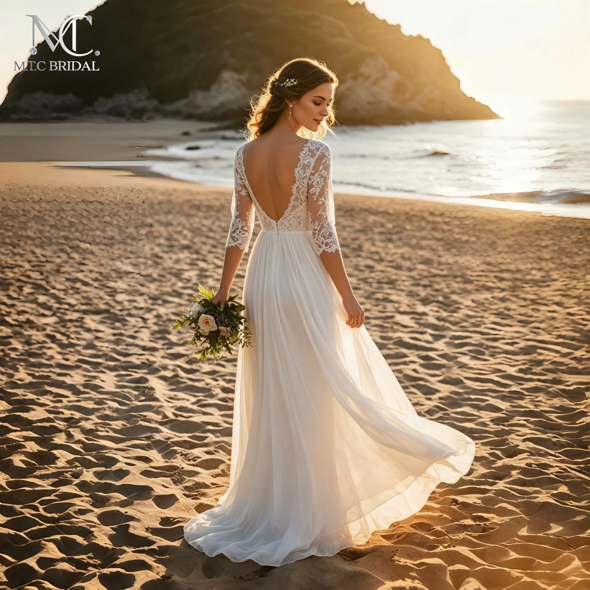 Elegant Beach Wedding Dresses A Line Lace Chiffon V Neck 3/4 Sleeves 2026 High Quality Bridal Gowns Vestido De Festa