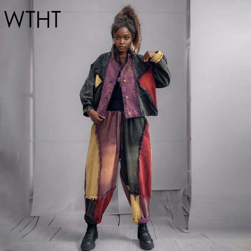 

WTHT винтажная модная женская лоскутная джинсовая куртка контрастного цвета с повязкой и высокой талией, свободные джинсы-шаровары, женские, лето 2021, 1LS1320