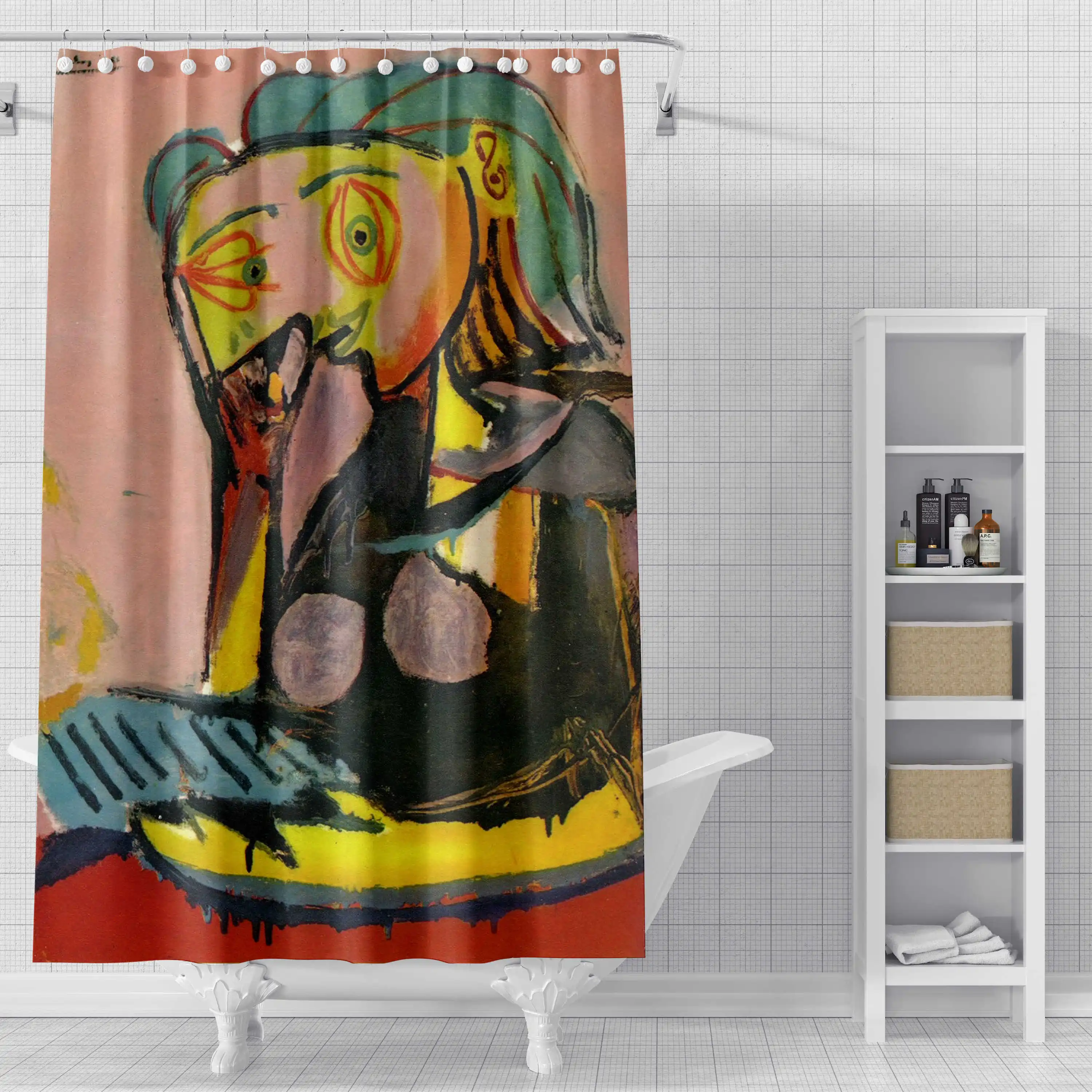 Abstract Shower Curtain Inspired By Picasso Waterproof and Mildew Proof with Non Perforated Design