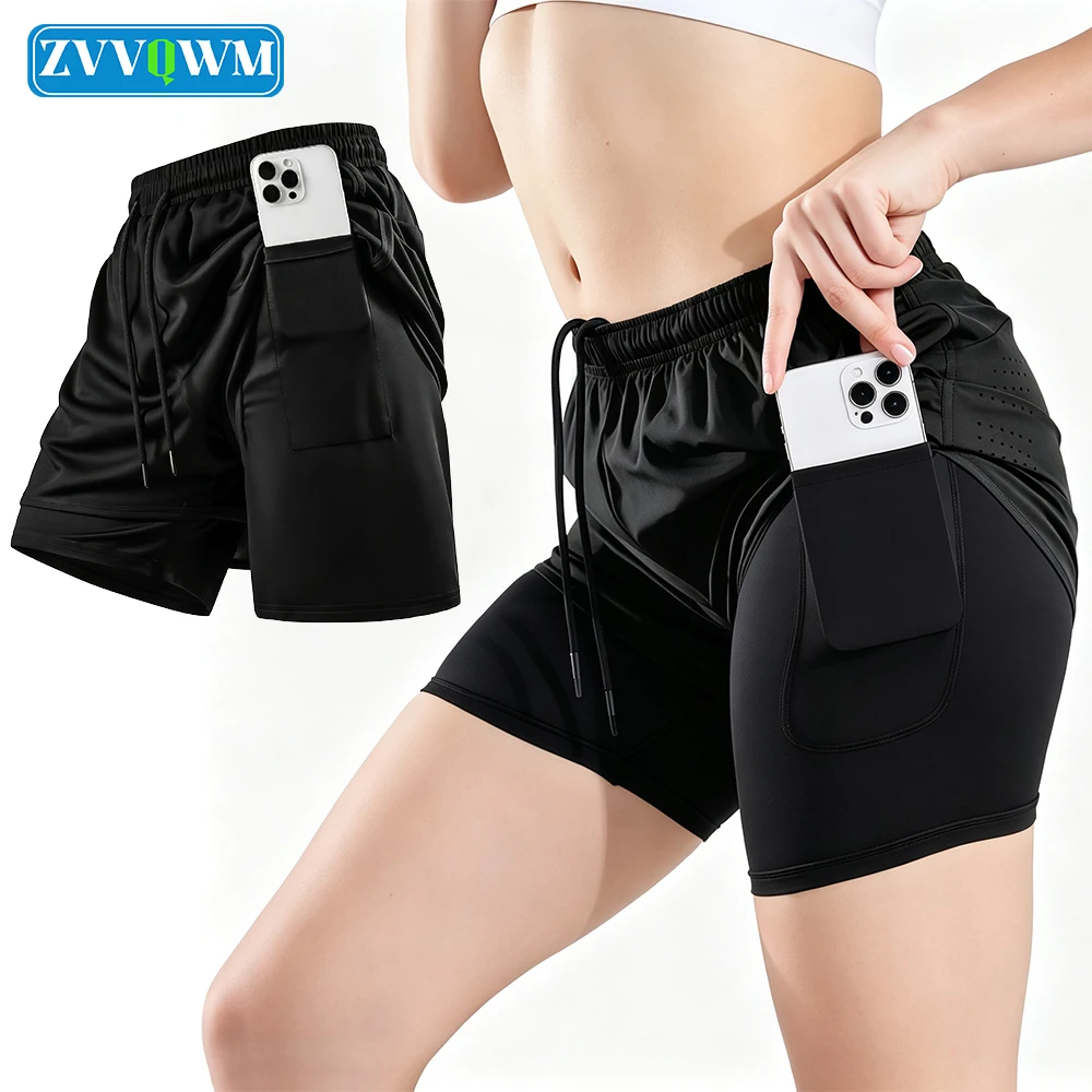1Pcs Women Athletic Running Shorts Breathable 2-in-1 Design with Zipper Pocket Compression Liner Sport Shorts for Fitness