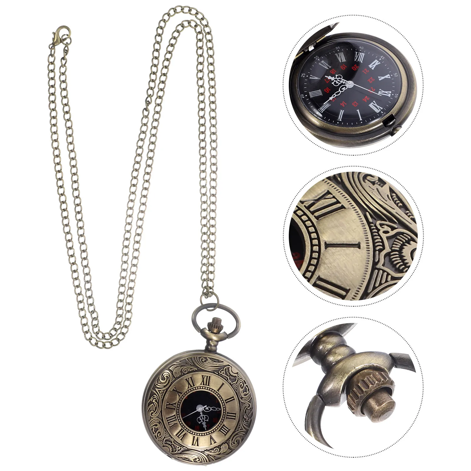 Vintage Pocket Watch Necklace with Chain Large Dial Roman Numerals Alloy Men's Classic Timepiece Dual Display Sturdy Costume