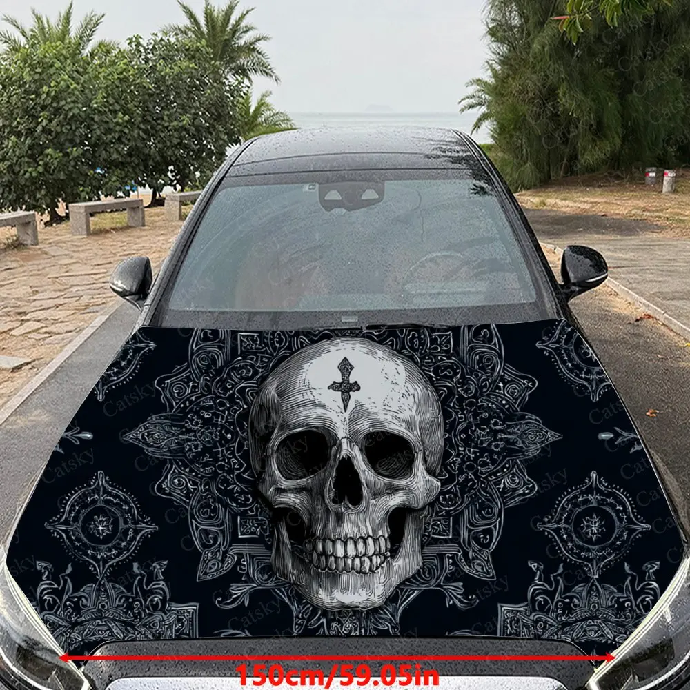 Car Decal Artistic Design with Skull and Cross in Monochrome Ornate Textural Style Car Hood Sticker, Waterproof Self - Adhesive