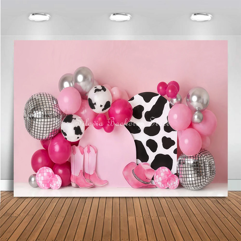 Disco Cowgirl Photo Background for Birthday Cake Smash Photo Studio Props Pink and Black White Balloons Photography Backdrop