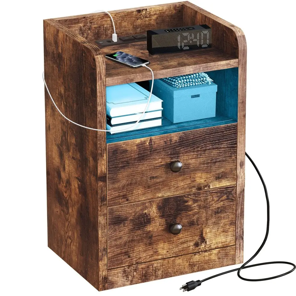 Mesa de Noche Buros para Recámara de Madera Rústica con Estación de Carga de 2 enchufes y 2 Puertos USB, 2 Estantes y 2 Cajones