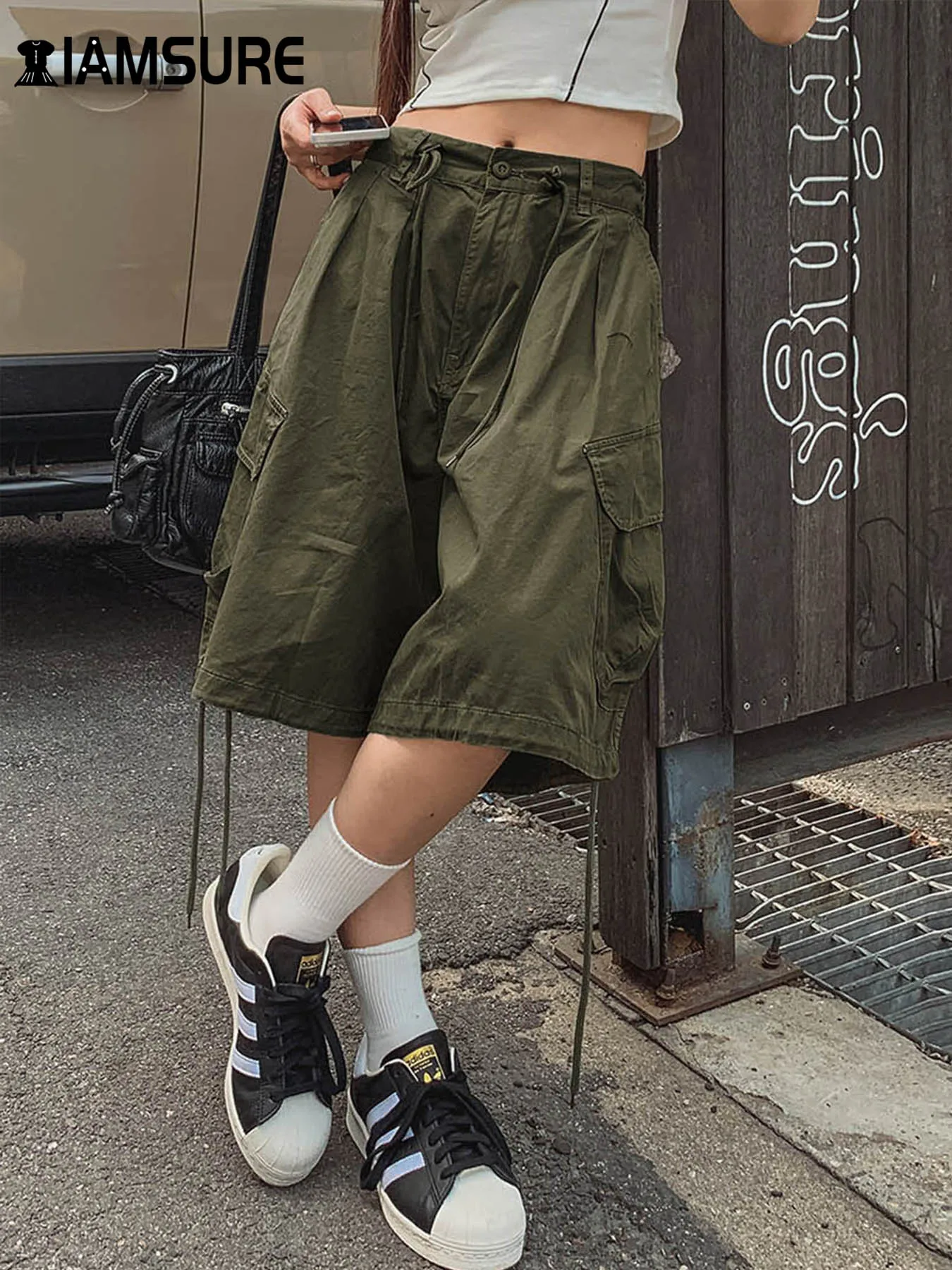 

IAMSURE Casual Bandage Big Pockets Shorts Safari Style Loose Mid-Waisted Wide Leg Pants Women 2024 Autumn Spring Streetwear Lady