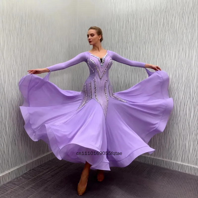 Modern Waltz Tango Competition Dance Dress Long Sleeve Purple Rhinestone Custom Large Swing Performance Ballroom Dance Costume