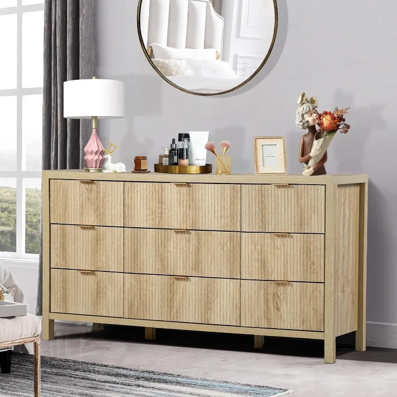 9 Drawer Dresser Cabinet, Long Nightstand with Drawers and Storage Cabinet