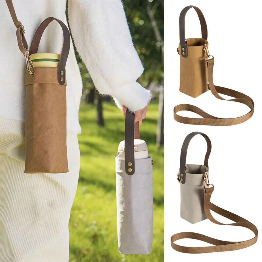 Water Bottle Cover Bag Pouch Washable Kraft Paper Water Pouch Holder Shoulder Strap Bottle Carrier Insulat Bag