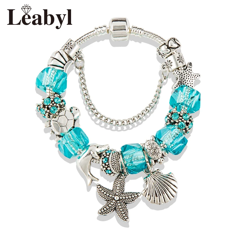 Blue Ocean Animal String Bead Bracelets & Bangles Silver Plated Shell Dolphin Turtle DIY Charm Bracelet Pendant Jewelry