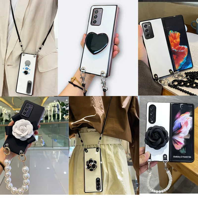 Moda de luxo flor suporte pérola crossbody cinta corrente caso couro para samsung galaxy z fold6 caso z fold5 3 capa z fold4 2