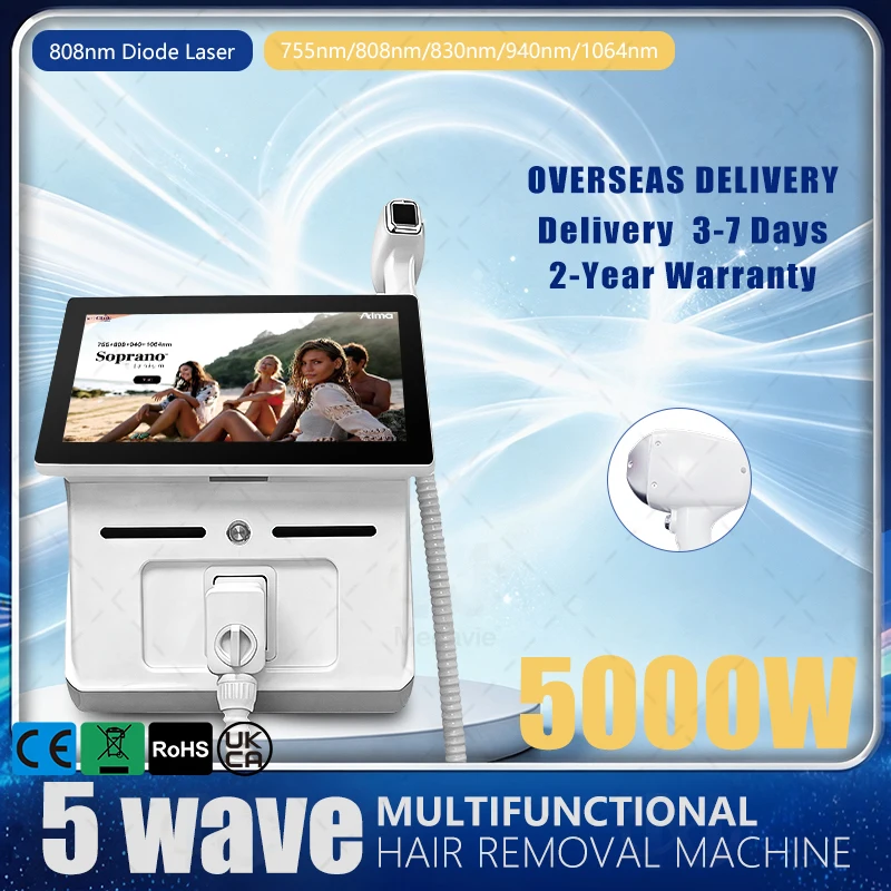 5 Wavelength Diode Laser Hair Removal Machine 755nm 808nm 830nm 940nm 1064nm Ice Point Painless FAC Technology 5000W High Power