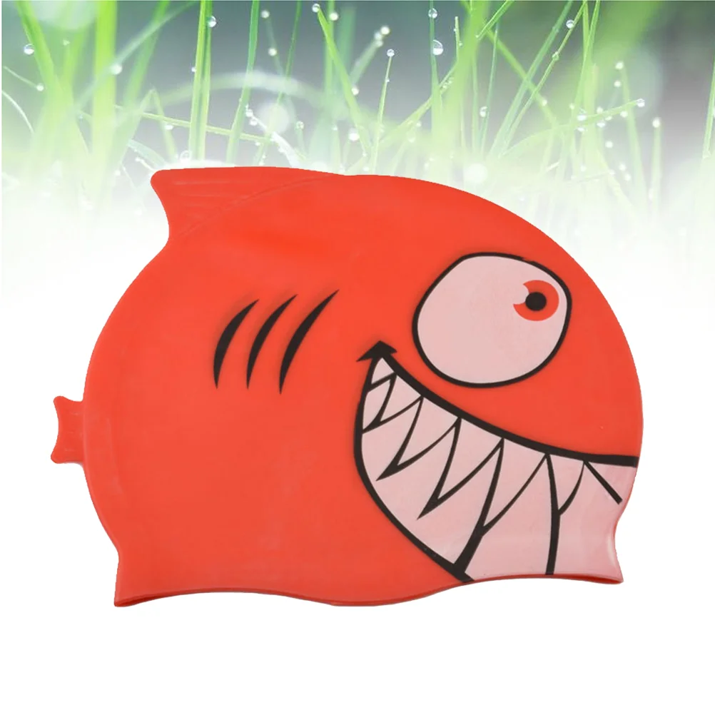 Kid Children's Elastic Silicone Fish Shaped Swimming Cartoon Shark Shaped Waterproof Swimming Hat (Shark, Red)