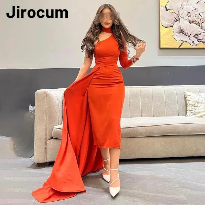 

Jirocum Mermaid Evening Gowns Girls Halter Neck One Shoulder Beaded Long Sleeve Party Prom Dress Tea Length Formal Occasion Gown