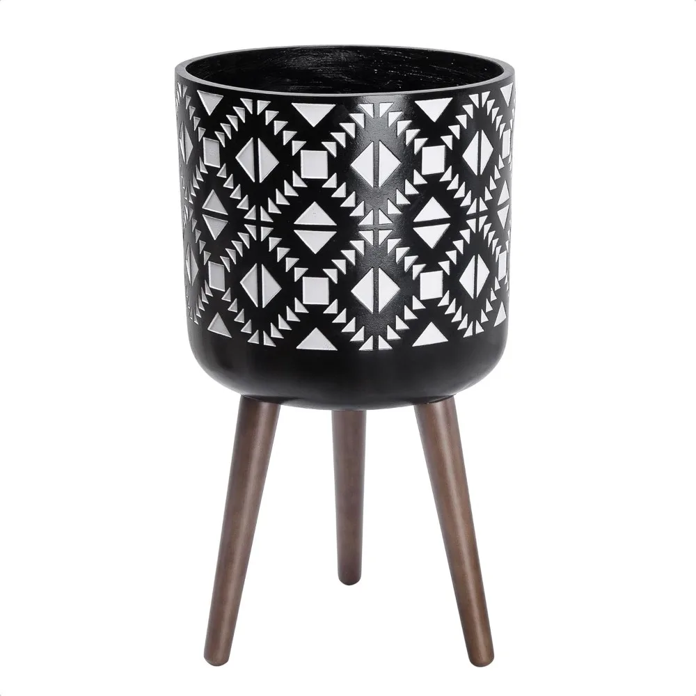 

12 Inch Planter Pot with Stand, Mid-Century Tall Plant Pot with Legs for Indoor Plants, White/Black, 88-G-C-4