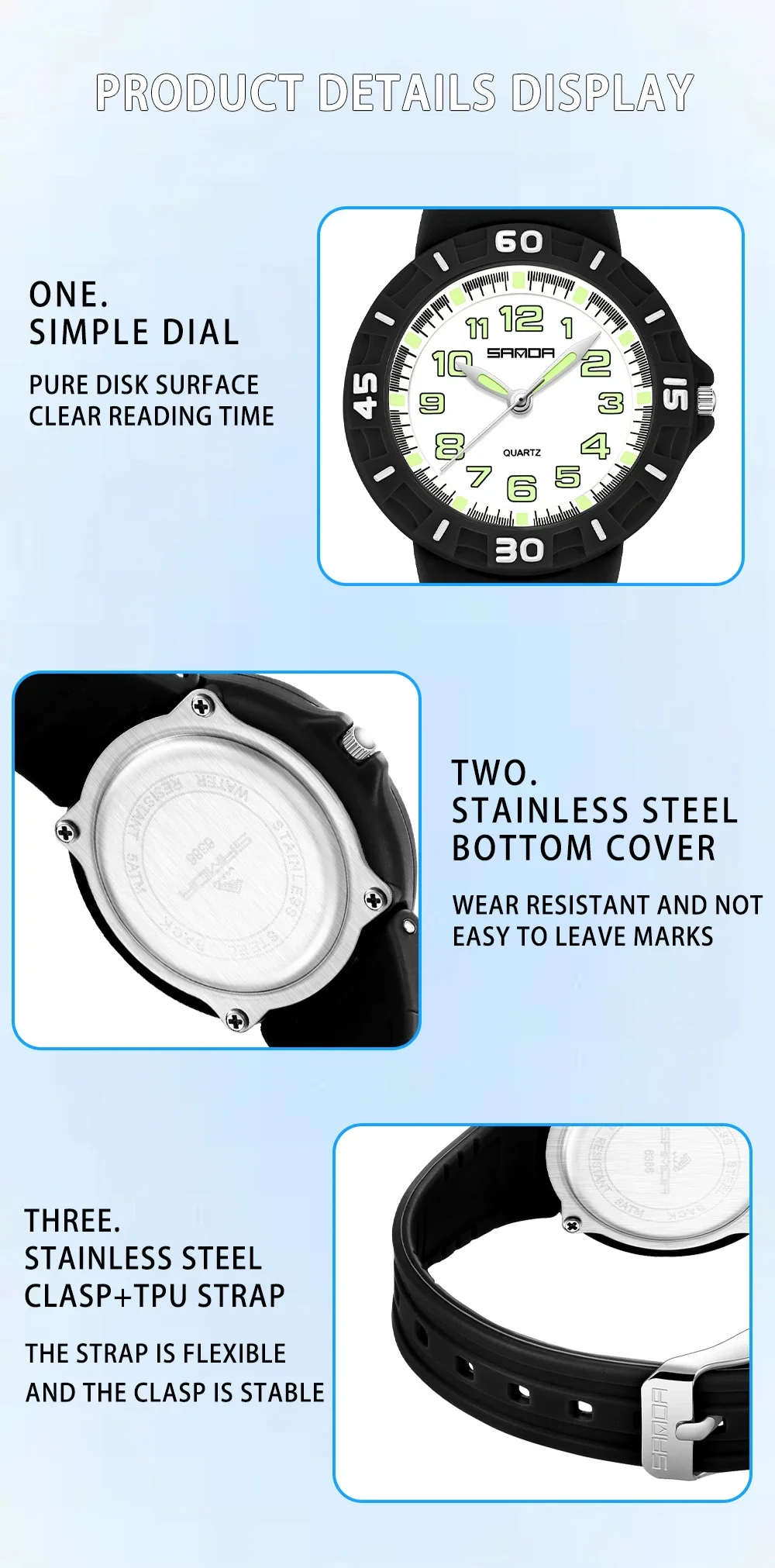 SANDA 6386 Student Quartz Watch 50m Waterproof Luminous Durable Sports Watch for Men and Women Simple and Elegant