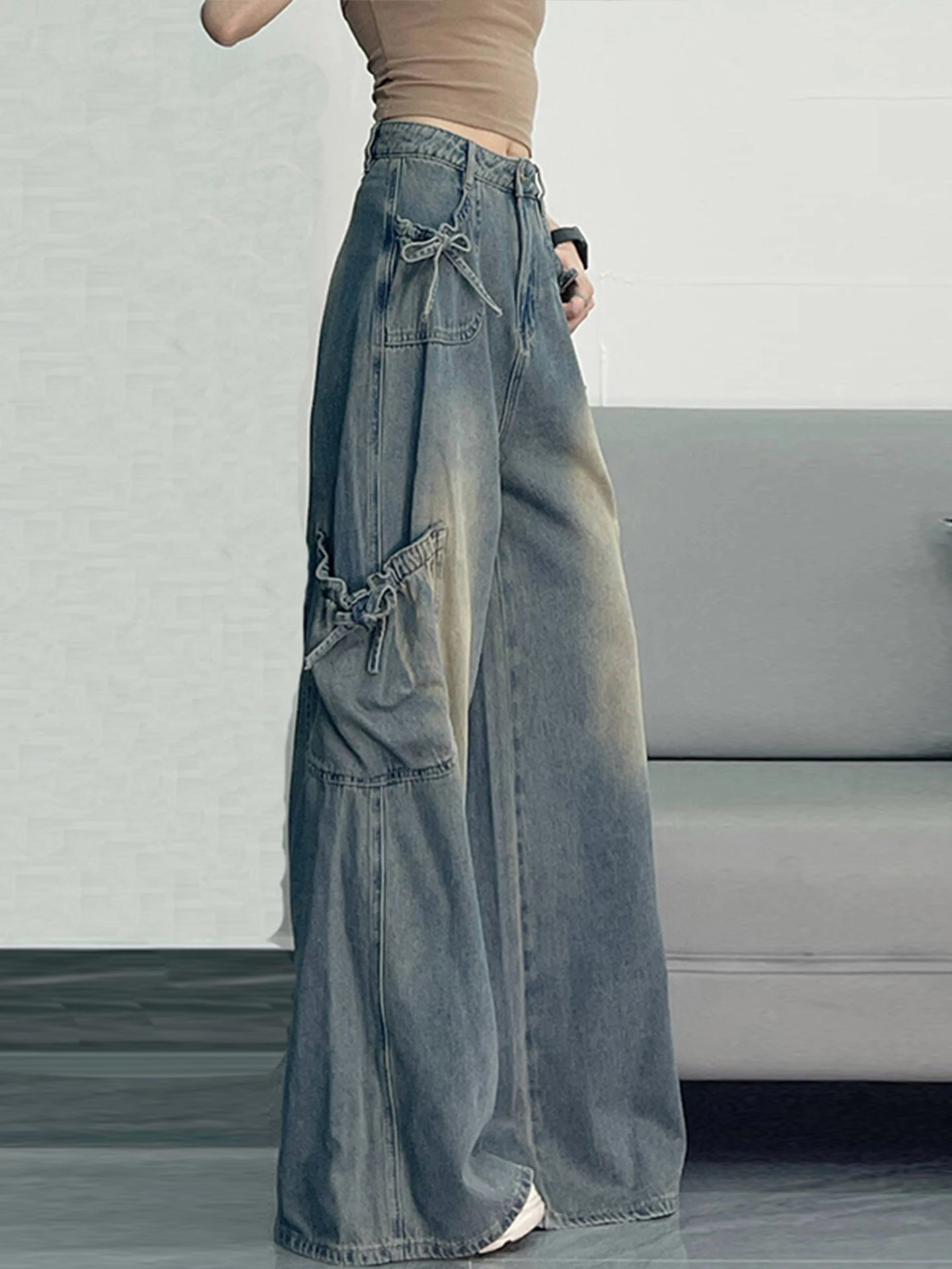 Jean rétro bleu multi-poches pour fille, grande taille 2XL-6XL, avec nœud doux, pantalon polyvalent, rajeunissant, jambes larges, printemps automne