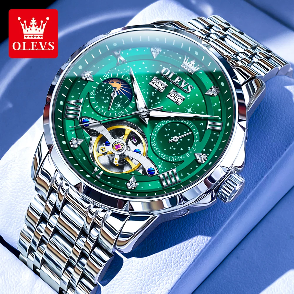 OLEVS Men\'s Watches Flywheel Multifunctional Watch Men Waterproof Moon Phase Dual Calendar Automatic Mechanical Watch for Men