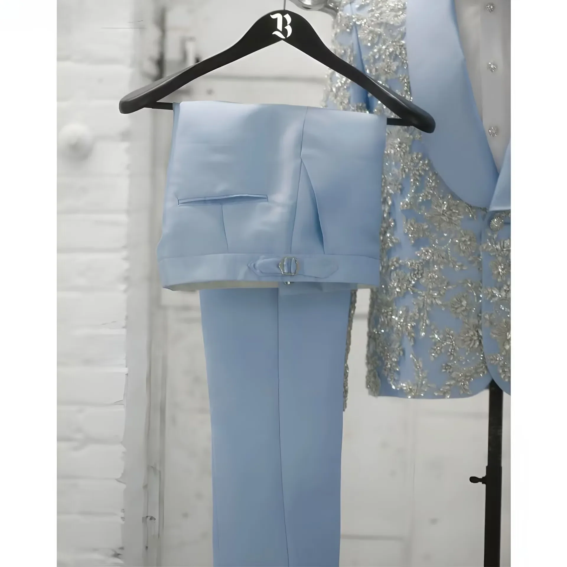 Light Blue Luxury Beading Crystal Men Suits 2 Piece New Fashion Business Casual Wear Party Wedding Groom Tuxedo Jacket And Pants
