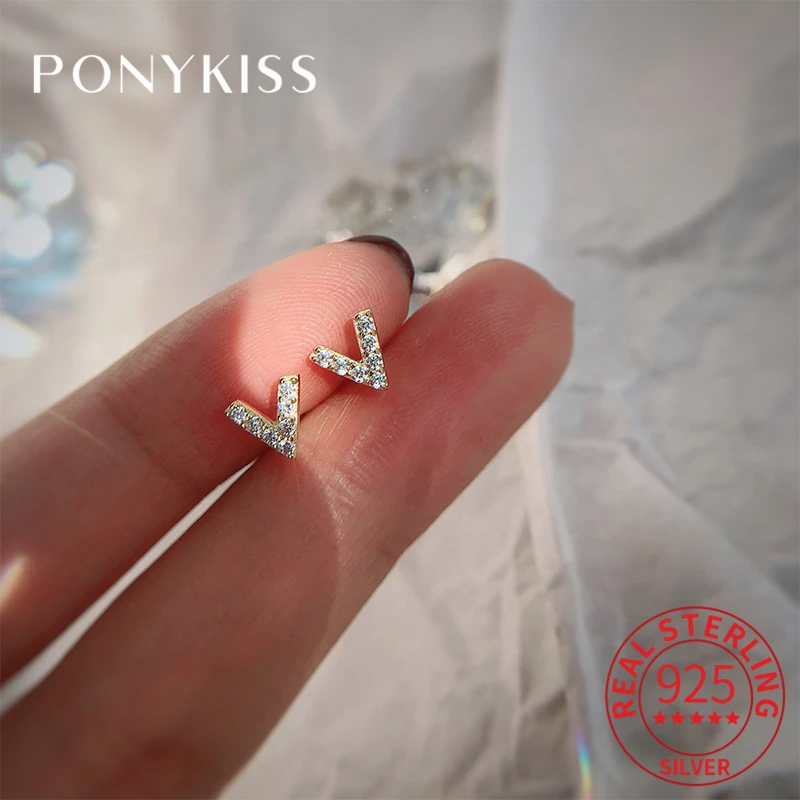 

Серьги-гвоздики PONYKISS из настоящего серебра 925 пробы с V-образной буквой из циркония, 14 к золота, серьги для женщин в стиле хип-хоп, ювелирные изделия в подарок, Прямая поставка