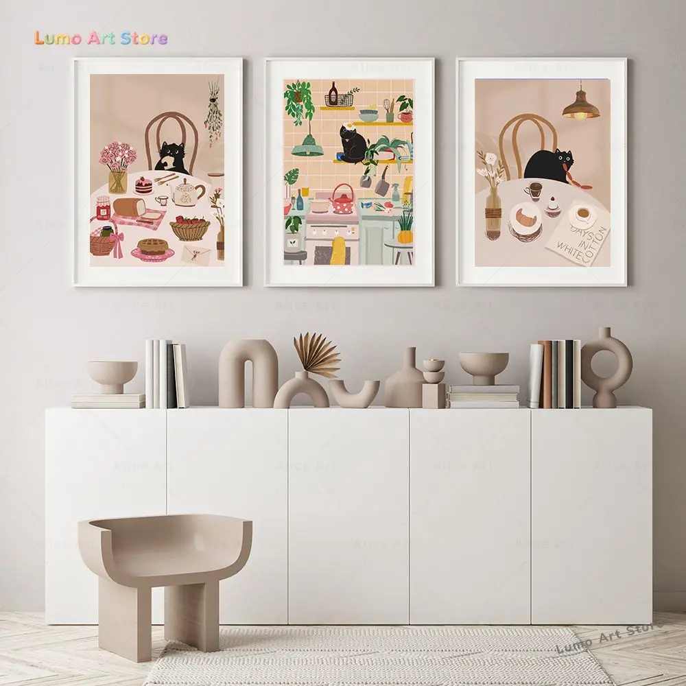 2026 Funny Cat Kitchen Poster Coffee Cake Dessert Food Cat Print Colorful Dining Room Home Decor Wall Art Canvas Painting