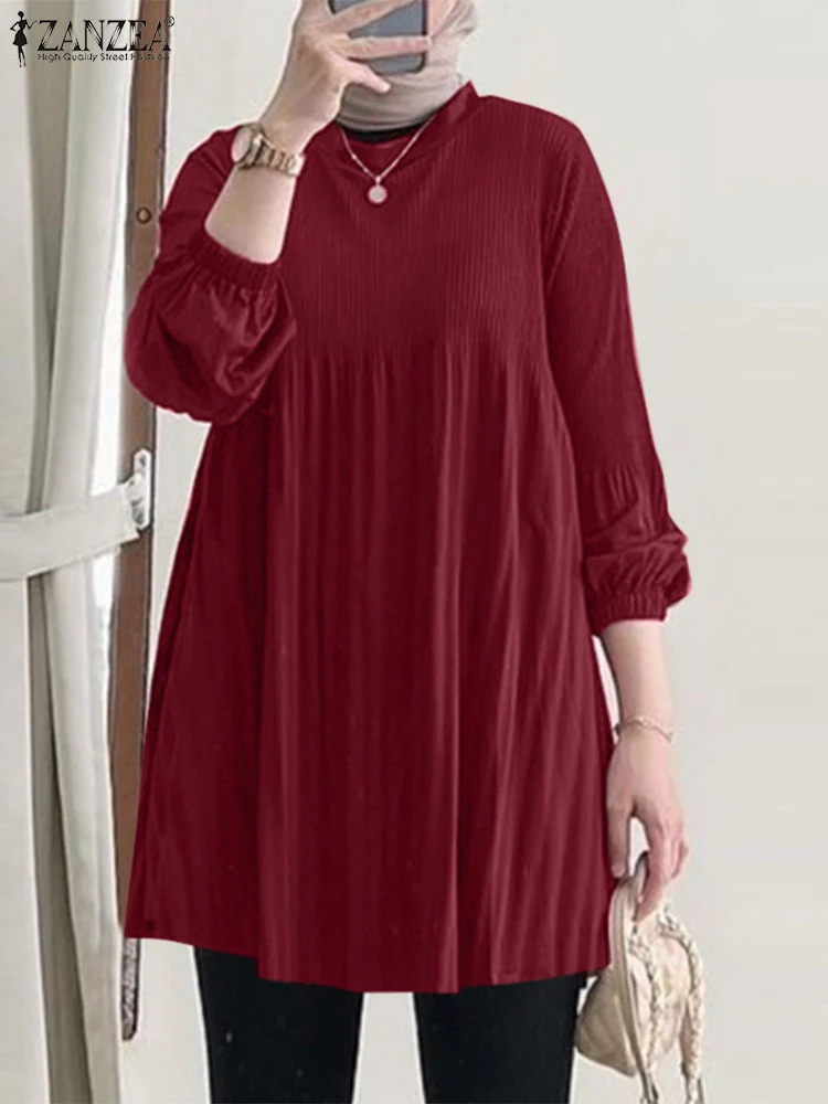 ZANZEA Women Autumn Pleated Long Blouses Long Sleeve O Neck Casual Blusas Mujer Muslim Islamic Fashion Solid Color Tunic Tops