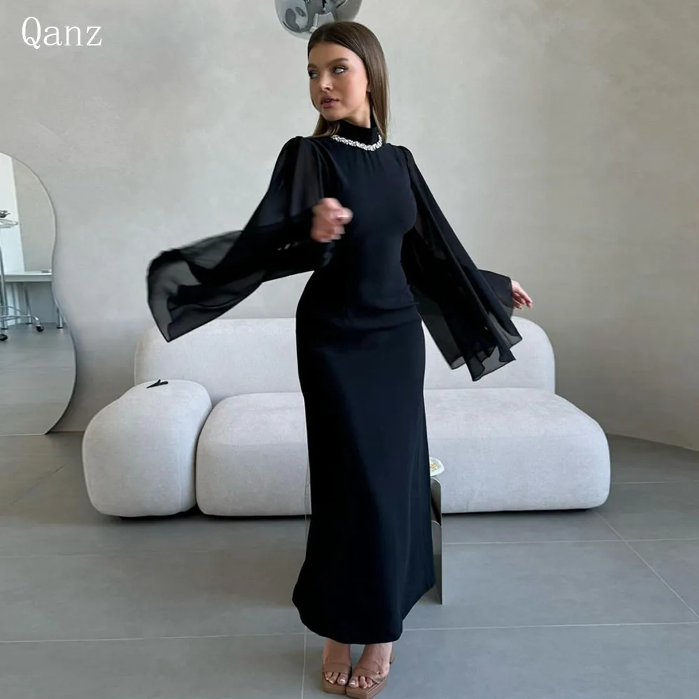 

Qanz Black Mermaid Chiffon Evening Dresses for Women Puff Sleeves Prom Dresses Celebrity Dresses Crystals Robe De Soirée 2024