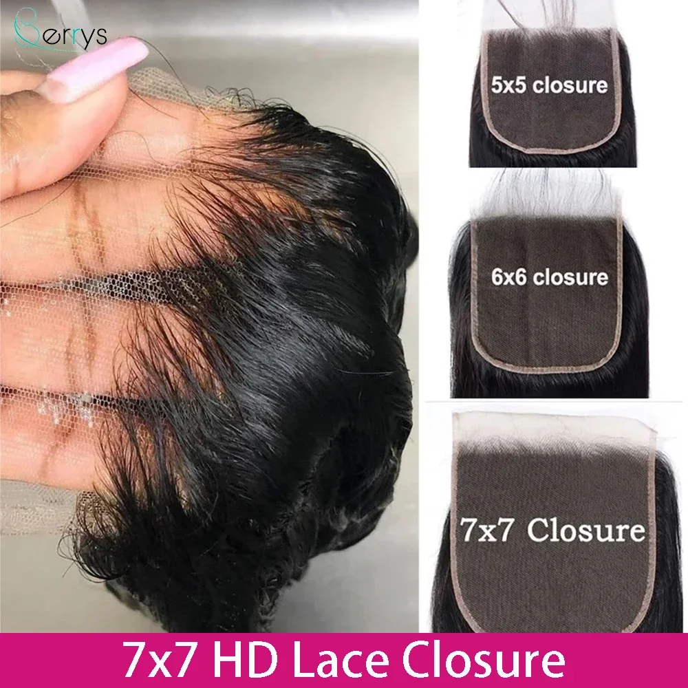 BerrysHair 7X7 6X6 5X5 HD Lace Closure Frontal Human Hair 4x4 HD Closure Melt Skins Pre Plucked HD Lace Closure Only Virgin Hair