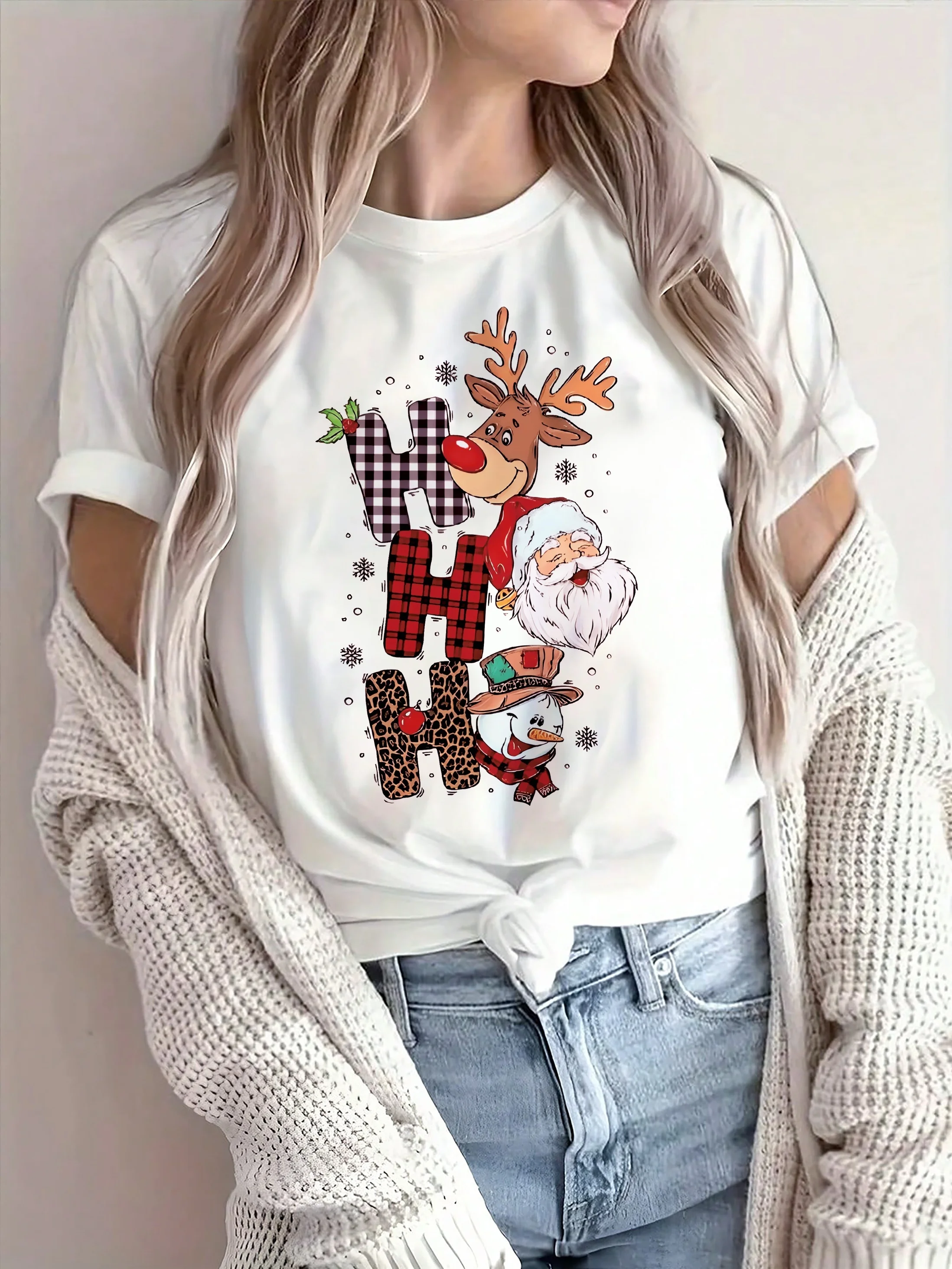 Santa Claus Novel H Letter Snowman Reindeer Graphic Harajuku Breathable Print Round Neck  Sleeve  Christmas Casual T-Shirt