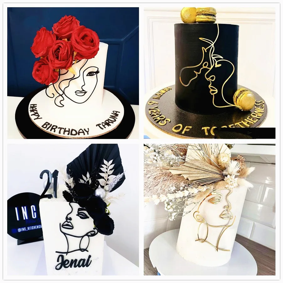 2023 Porträt Alles Gute zum Geburtstag Kuchen Topper Gold Schwarz Abstrakte Kunst Acryl Jungen Mädchen Party Kuchen Topper Mädchen Dessert Dekoration – Detail 20