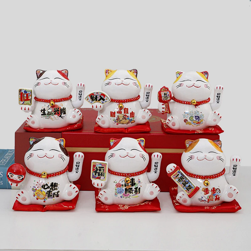 5.5 Inch Ceramic Beckoning Cat Maneki Neko Ornament Feng Shui Decoration Swing Lucky Fortune Cat Battery Powered Business Gift