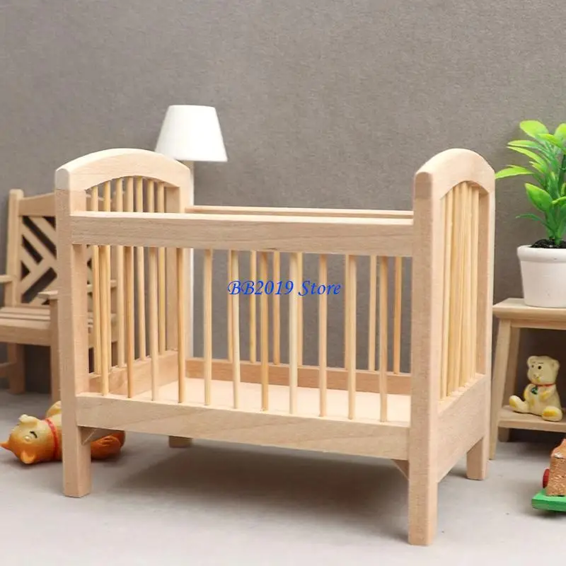 Q0KB Dollhouse Bedroom Mini Bed Baby Crib Micro Landscape Diy House Ornaments 1/12